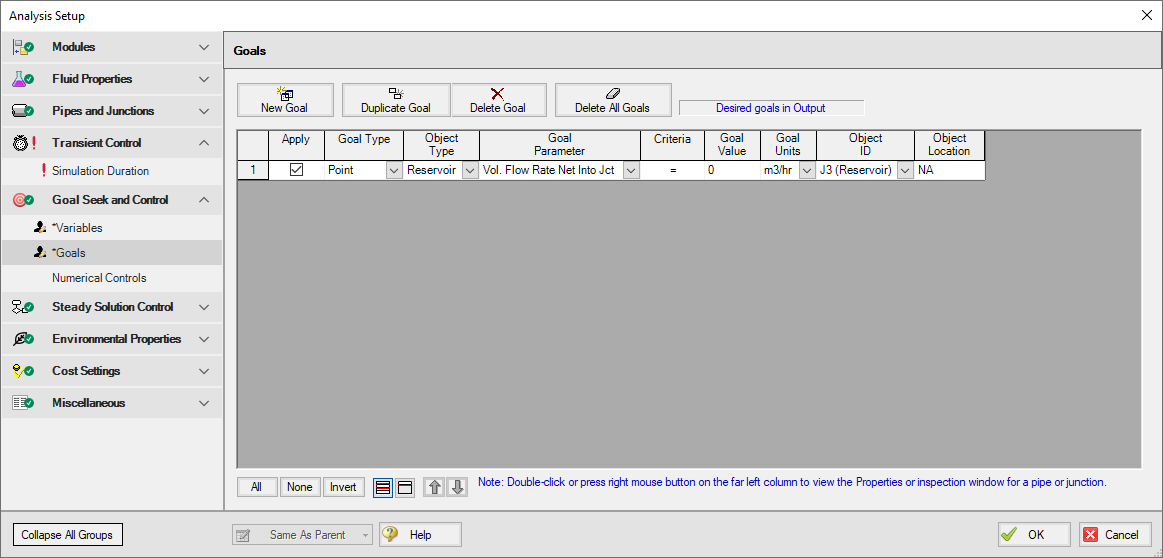 The Goals tab of the Goal Seek and Control Manager window with one goal defined.